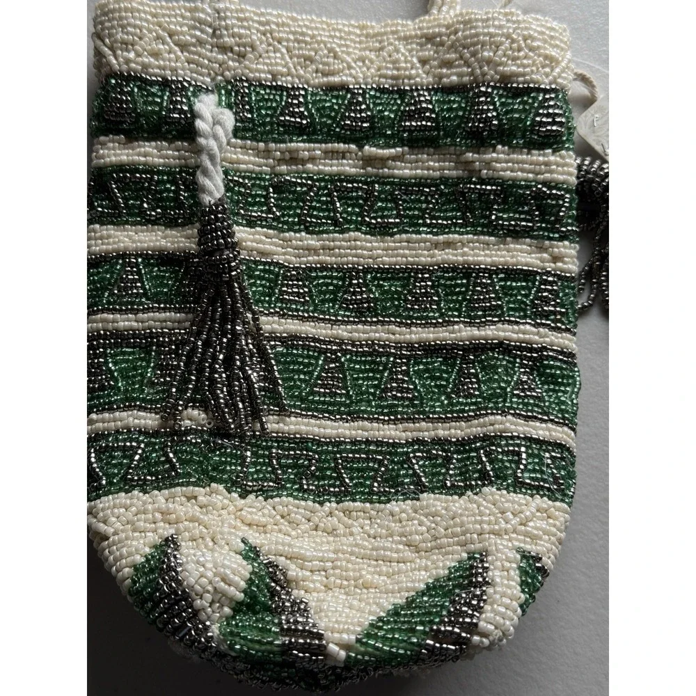 FREE PEOPLE Beaded Tassel Pouch NWT Green Ivory Drawstring Beaded Bag - Picture 6 of 13